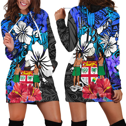 Custom Text and Number Fiji Tie Dye Hoodie Dress Polynesian Blue Tribal Creative Tropical Flowers