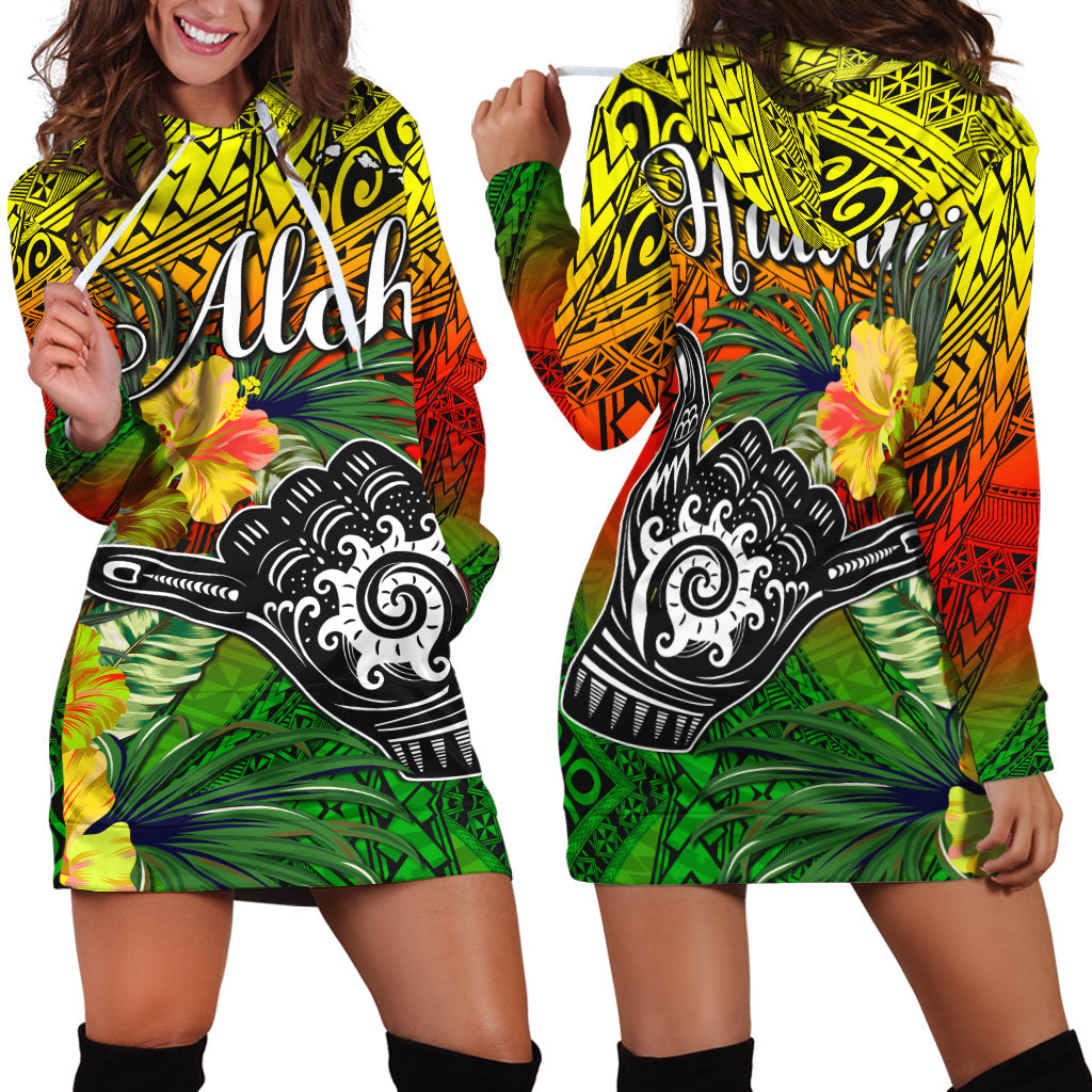 The Shaka Hawaii Hoodie Dress Tropical Flowers Reggae Version