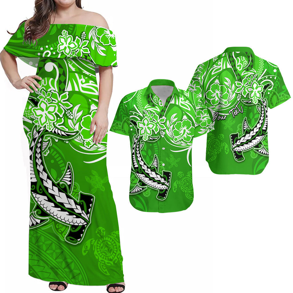 (Custom Personalised) Matching Hawaiian Outfits For Couples Combo Polynesia Green Sea Turtle Honu and Hammerhead Shark Dress and Hawaiian Shirt