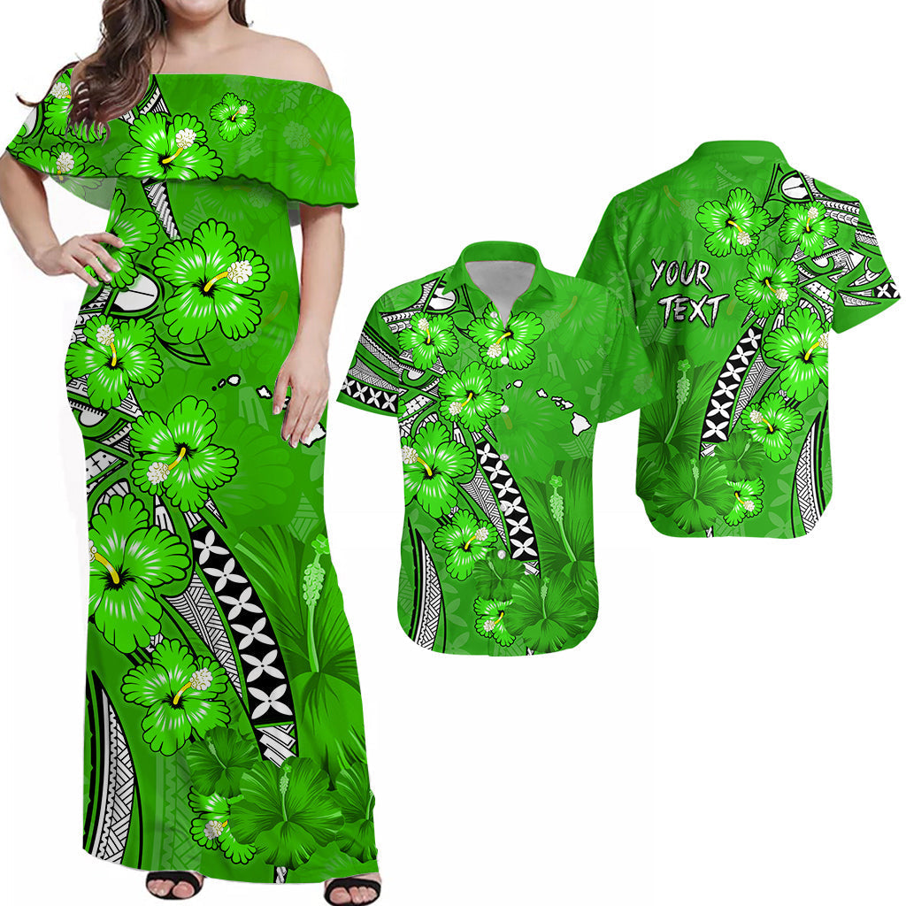 (Custom Personalised) Matching Hawaiian Outfits For Couples Combo Dress and Hawaiian Shirt Polynesia Green Hibiscus and Map Mystical