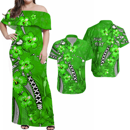 (Custom Personalised) Matching Hawaiian Outfits For Couples Combo Dress and Hawaiian Shirt Polynesia Green Hibiscus and Map Mystical