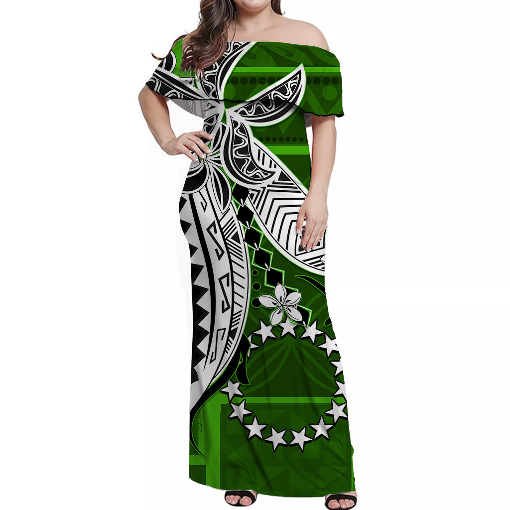 Cook Islands Off Shoulder Long Dress Hibiscus Flowers Style Green