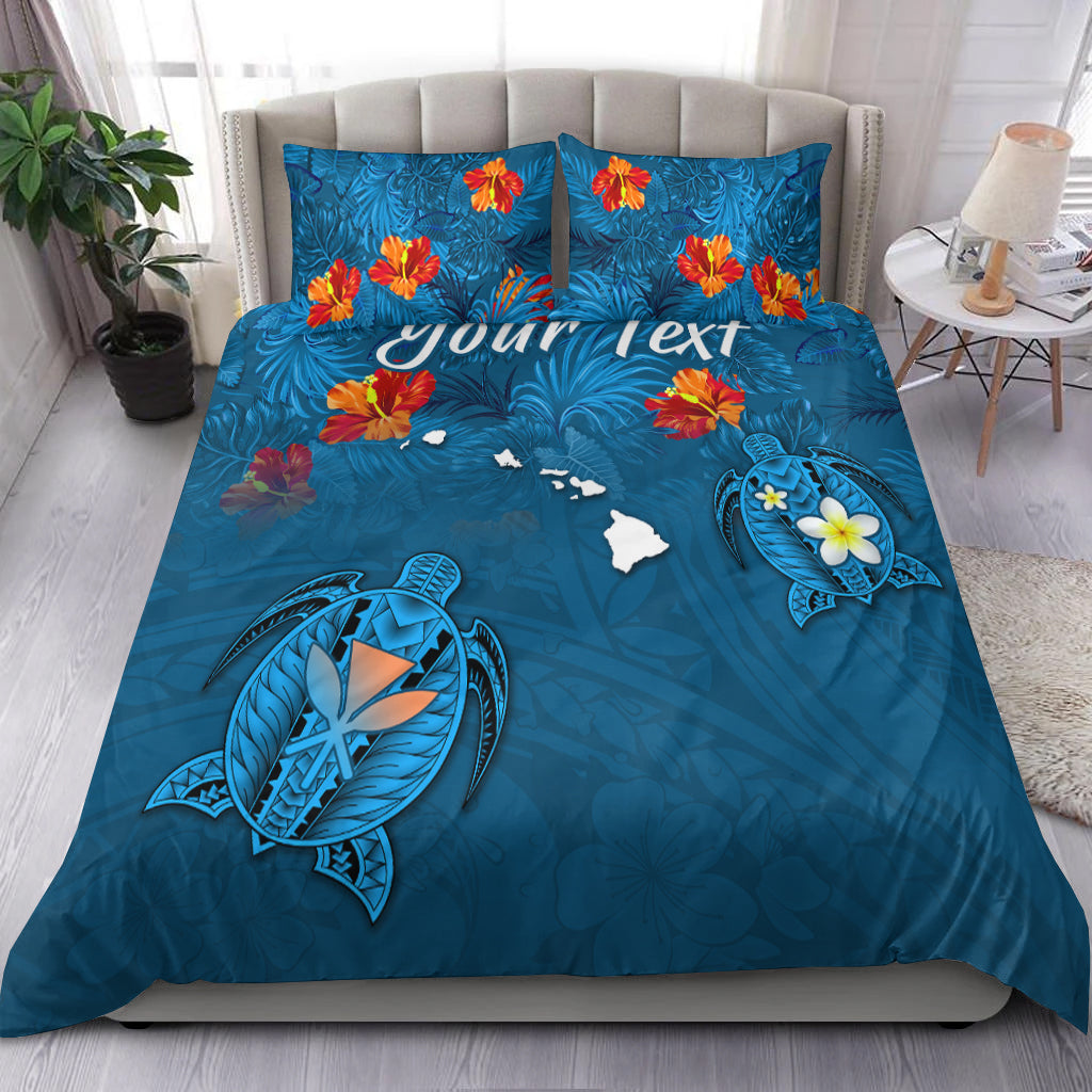 (Custom Personalised) Hawaiian Islands Bedding Set Hawaii Tropical Flowers and Turtles Blue