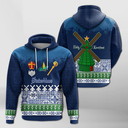 Christmas Sinterklass With Windmill Hoodie Netherlands Delft Pattern