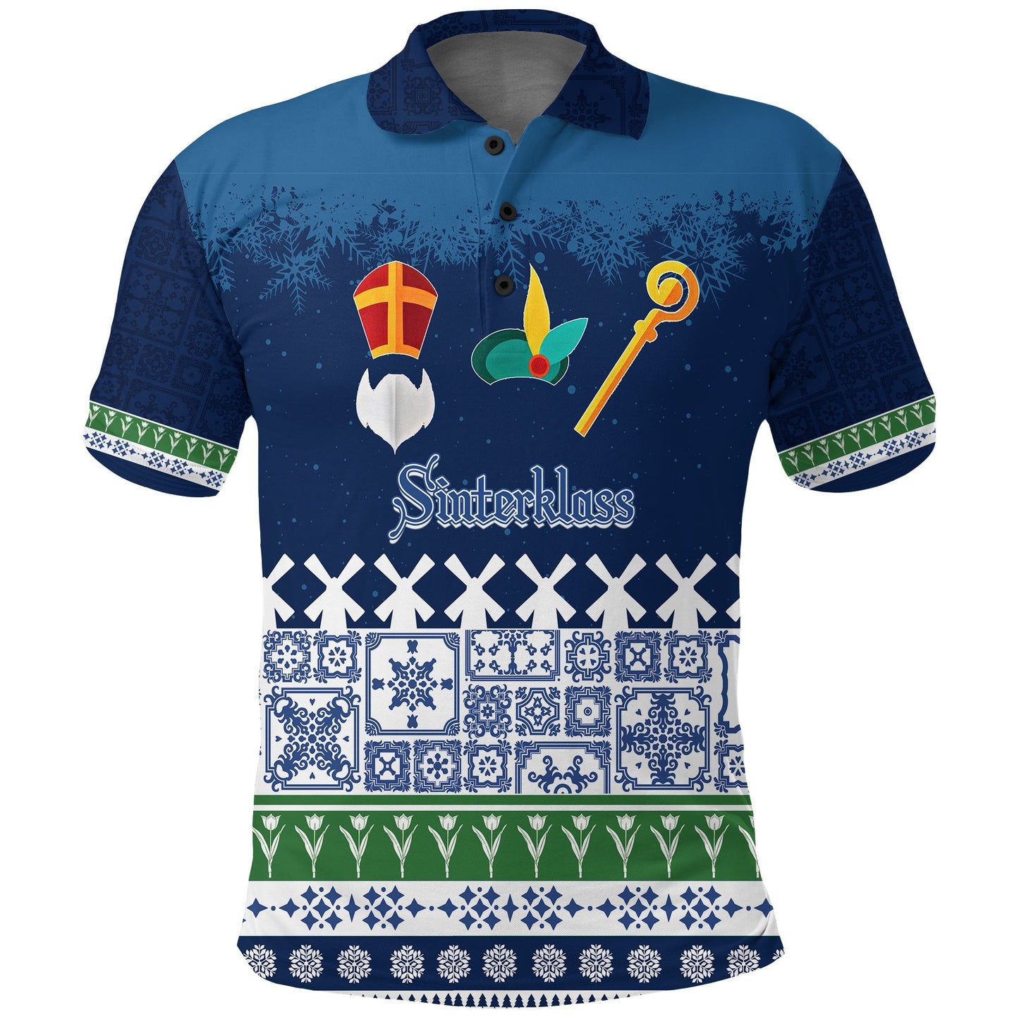 Christmas Sinterklass With Windmill Polo Shirt Netherlands Delft Pattern