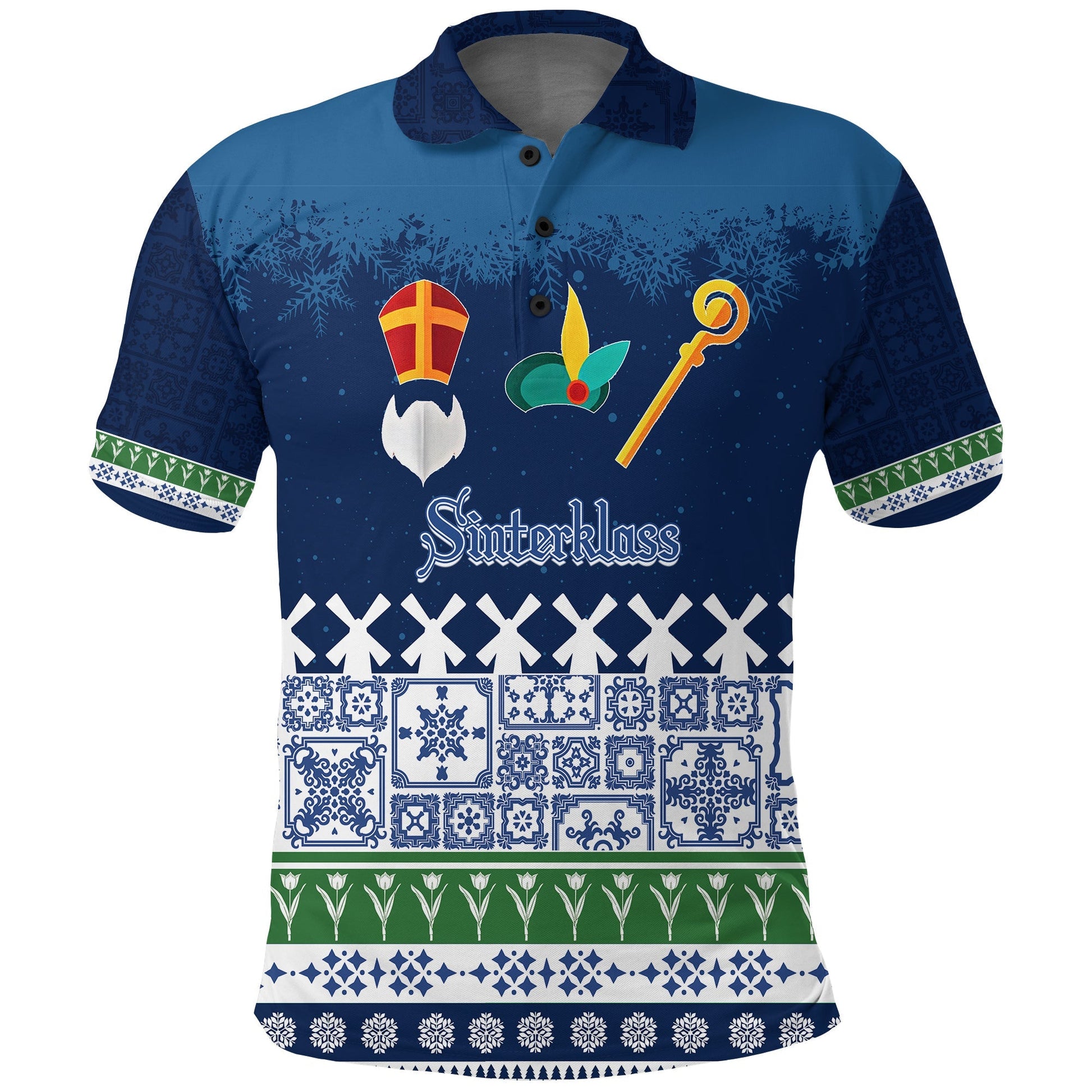 Christmas Sinterklass With Windmill Polo Shirt Netherlands Delft Pattern
