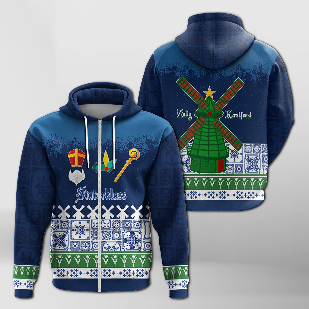 Christmas Sinterklass With Windmill Zip Hoodie Netherlands Delft Pattern