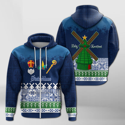 Christmas Sinterklass With Windmill Zip Hoodie Netherlands Delft Pattern