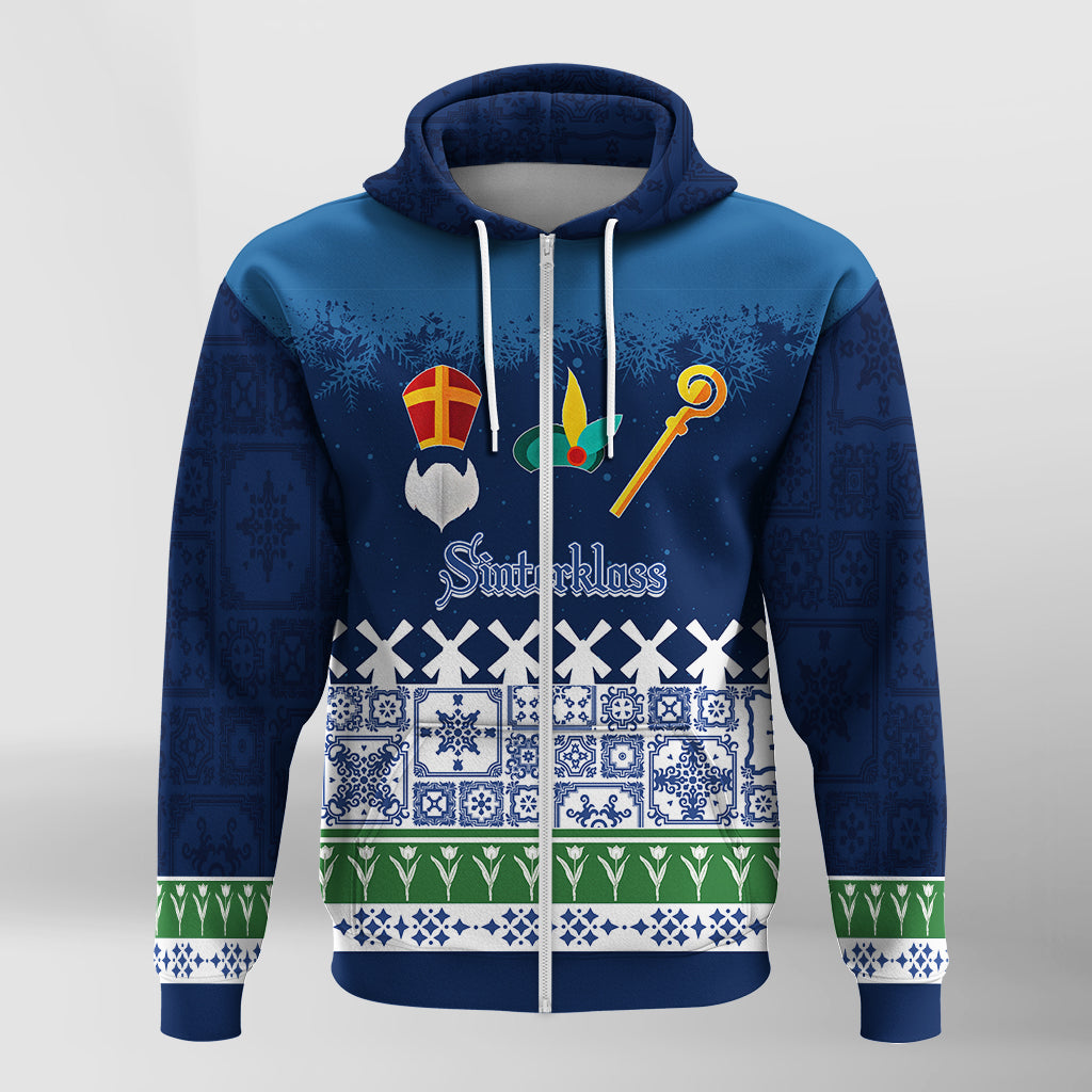 Christmas Sinterklass With Windmill Zip Hoodie Netherlands Delft Pattern