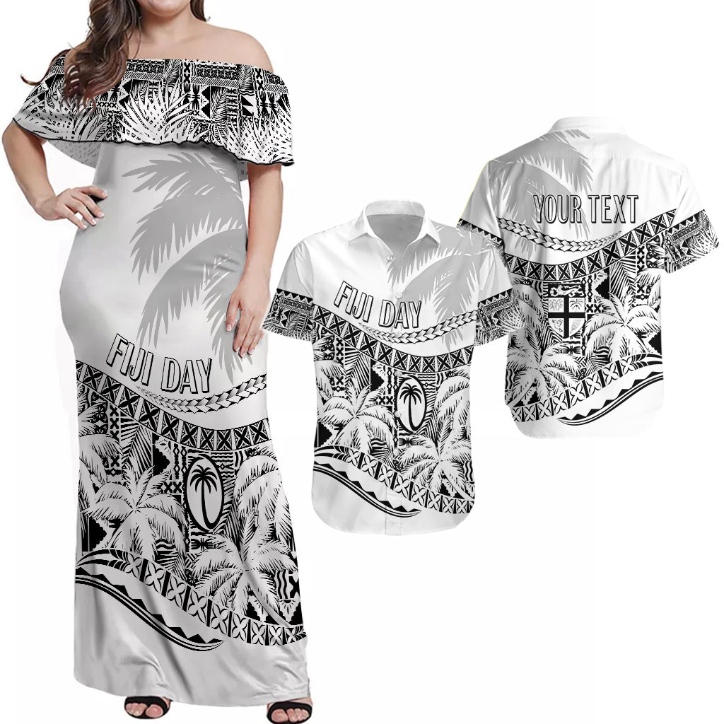 Personalised Matching Outfits For Couples Fiji Day Dress and Shirt Combo Flying Fijians Masi Kesa Style White