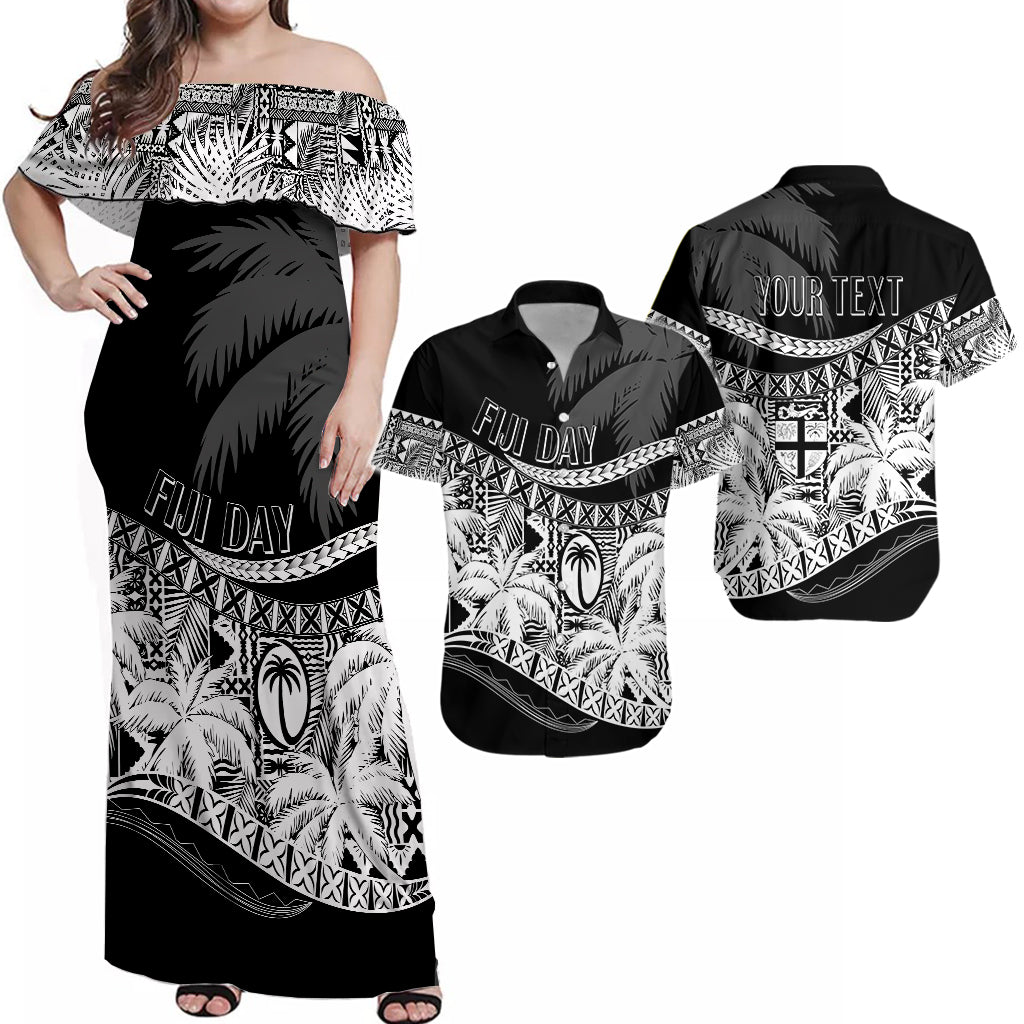 Personalised Matching Outfits For Couples Fiji Day Dress and Shirt Combo Flying Fijians Masi Kesa Style Black