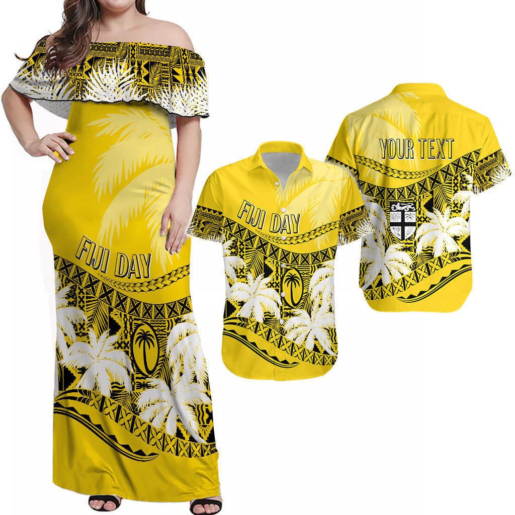 Personalised Matching Outfits For Couples Fiji Day Dress and Shirt Combo Flying Fijians Masi Kesa Style Gold