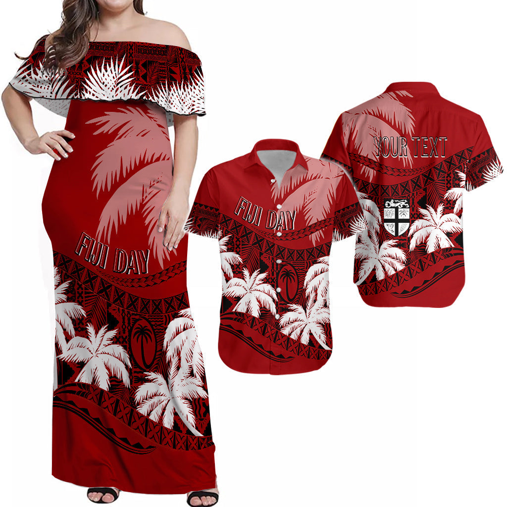 Personalised Matching Outfits For Couples Fiji Day Dress and Shirt Combo Flying Fijians Masi Kesa Style Red