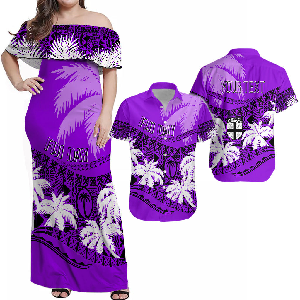 Personalised Matching Outfits For Couples Fiji Day Dress and Shirt Combo Flying Fijians Masi Kesa Style Violet