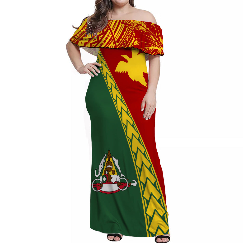 PNG Hibiscus Tribal Pattern Off Shoulder Long Dress East Sepik Province