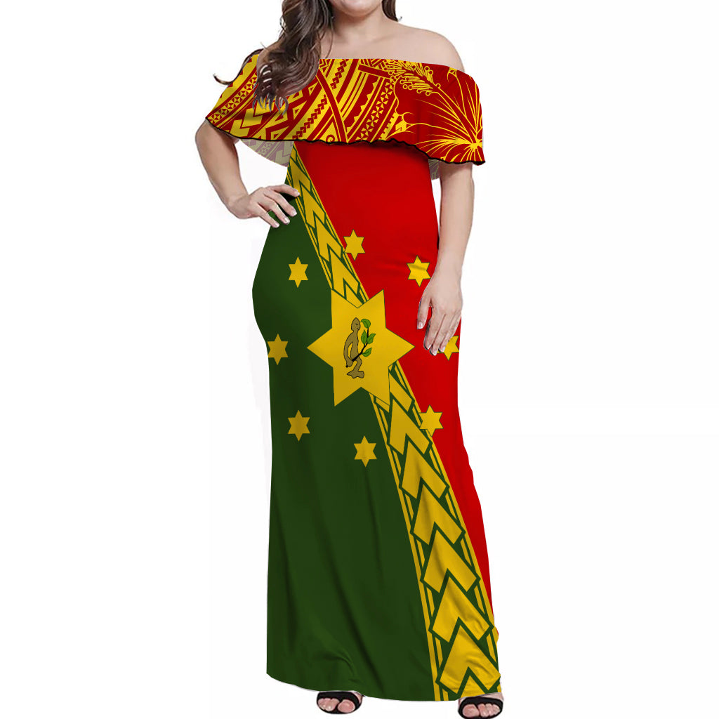 PNG Hibiscus Tribal Pattern Off Shoulder Long Dress Eastern Highlands