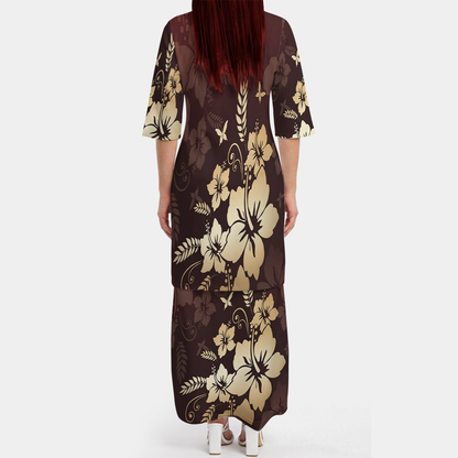 Vintage Polynesian Flowers Pattern Matching Outfit For Couple Tropical Island Puletasi Dress Man Shirt For Her Him