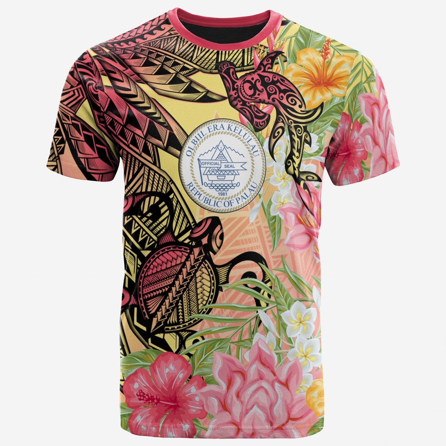 Palau T Shirt Flowers Tropical With Sea Animals