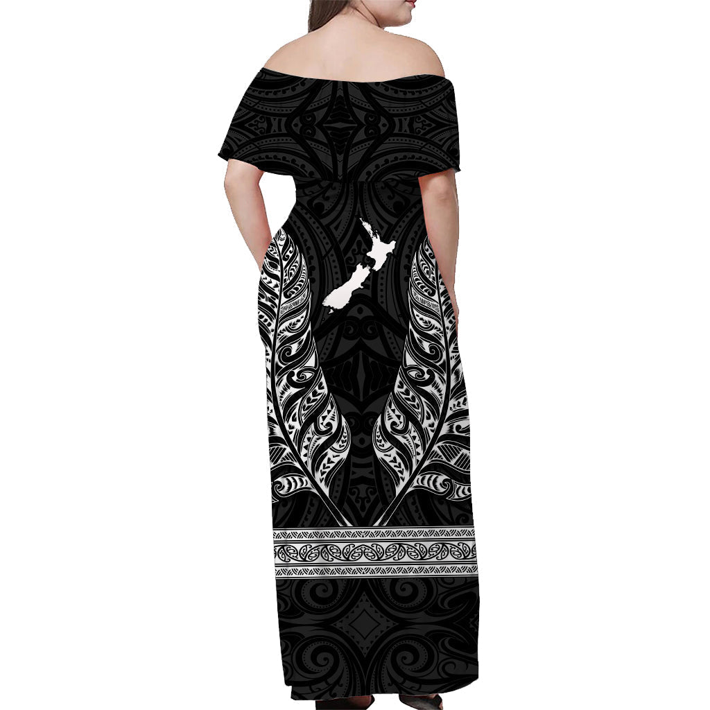Custom Personalised New Zealand Silver Fern Off Shoulder Long Dress Maori Pattern Black