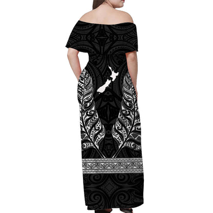 Custom Personalised New Zealand Silver Fern Off Shoulder Long Dress Maori Pattern Black