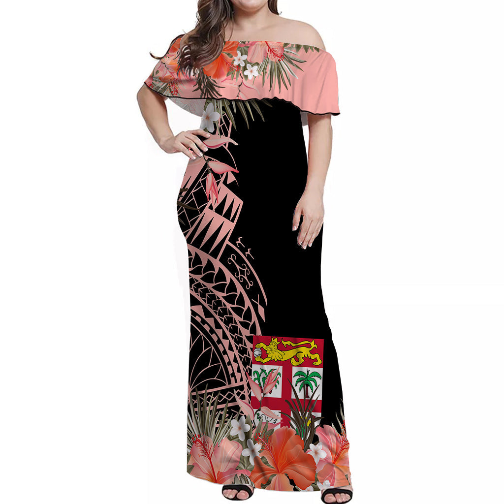 Tropical Flowers Polynesian Off Shoulder Long Dress Fiji Coat Of Arms