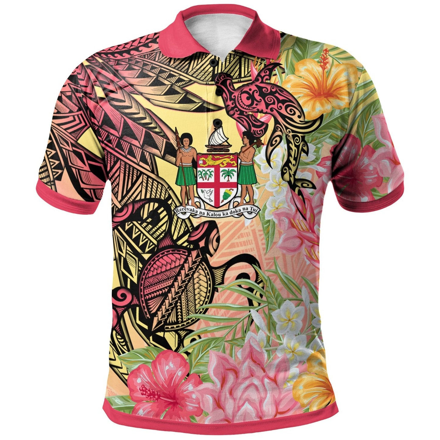 Fiji Polo Shirt - Flowers Tropical With Sea Animals