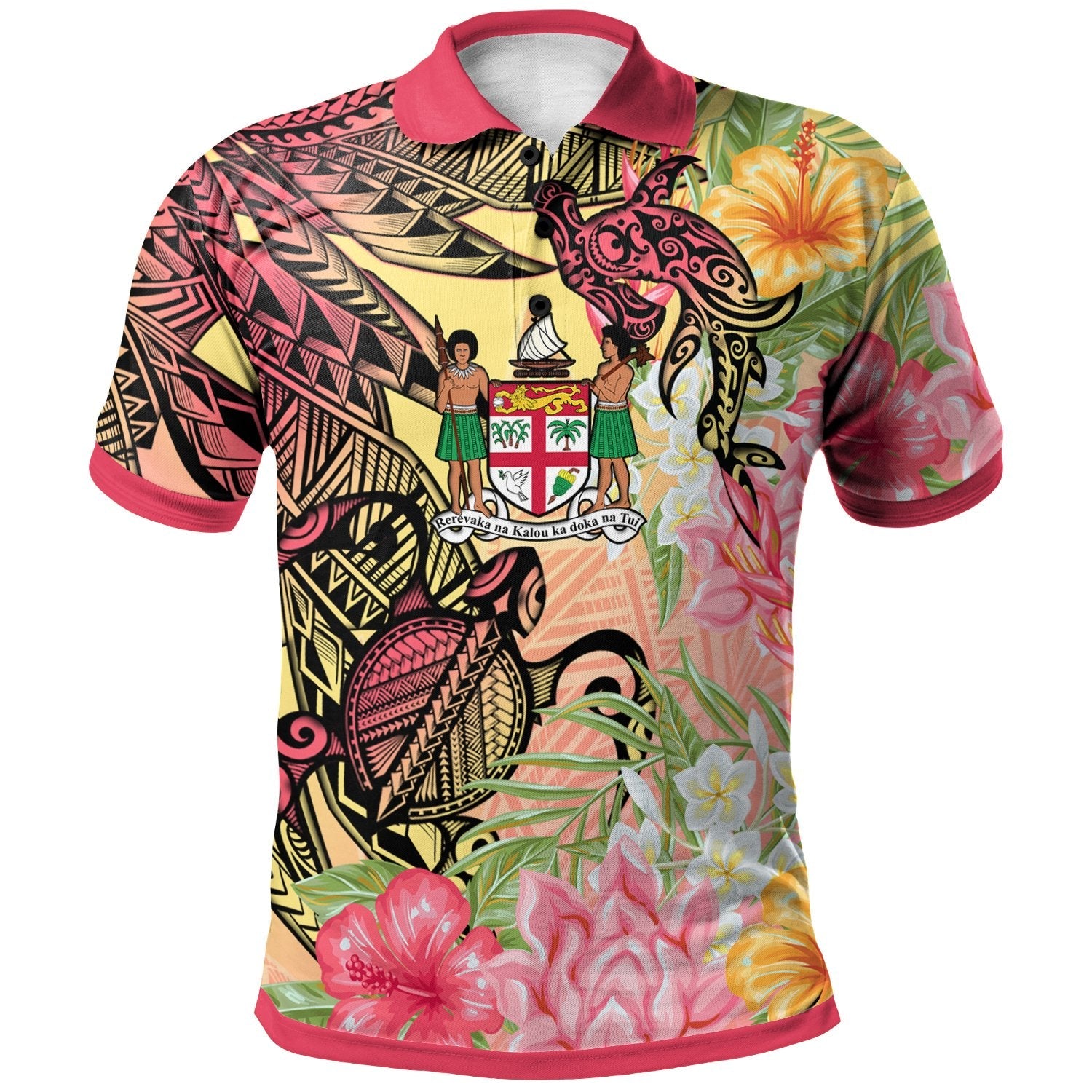 Fiji Polo Shirt - Flowers Tropical With Sea Animals