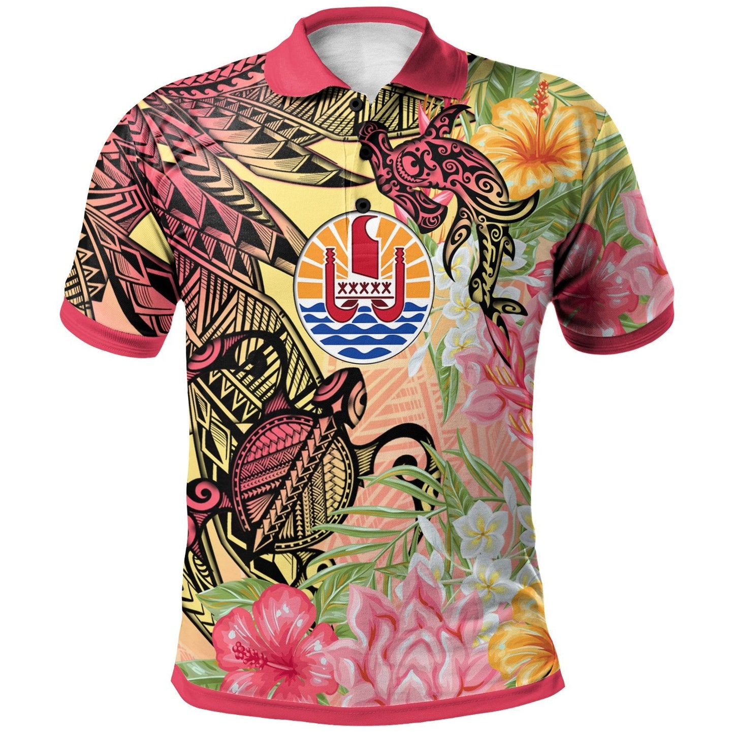 French Polynesia Polo Shirt - Flowers Tropical With Sea Animals