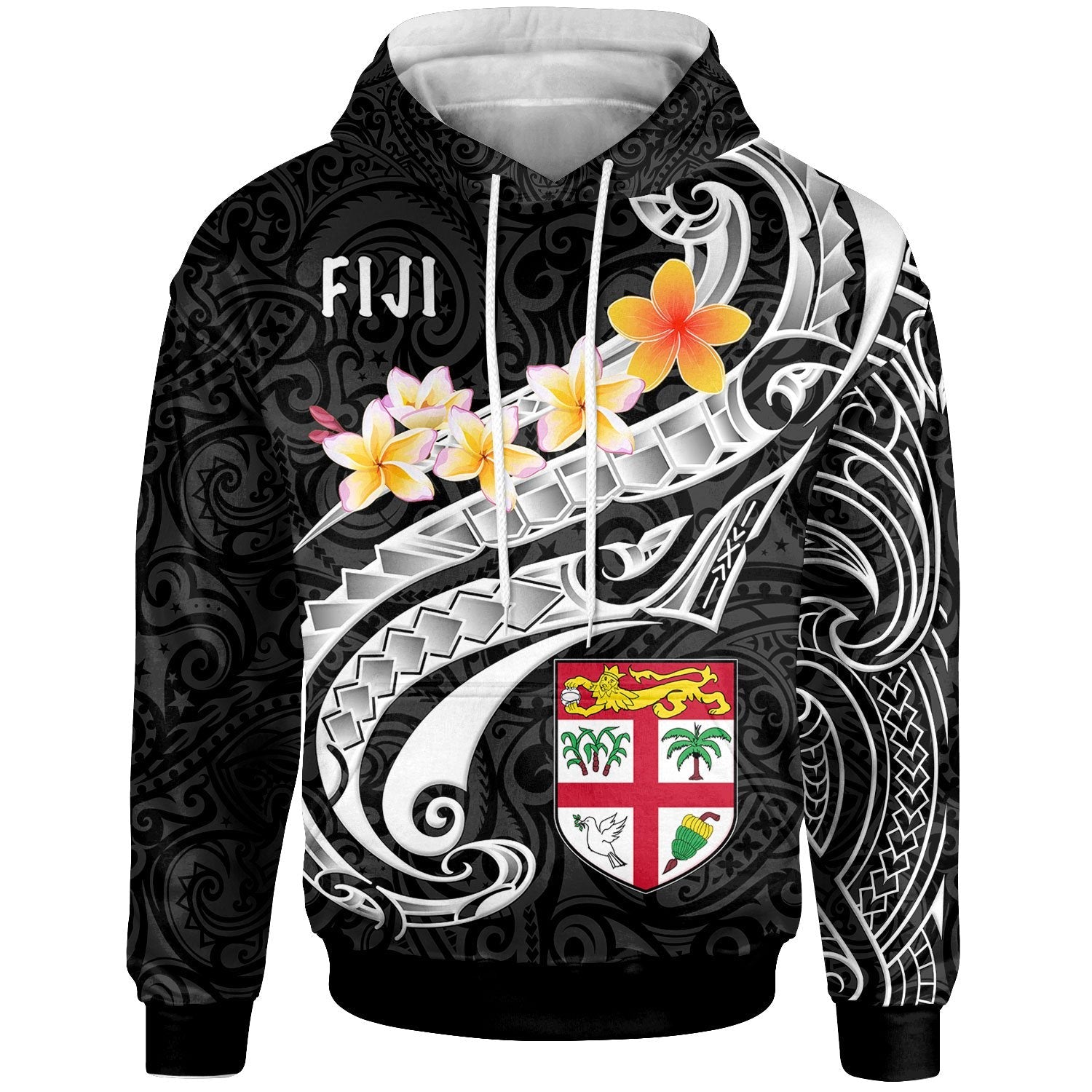 Fiji Hoodie Fiji Seal Polynesian Patterns Plumeria (Black)