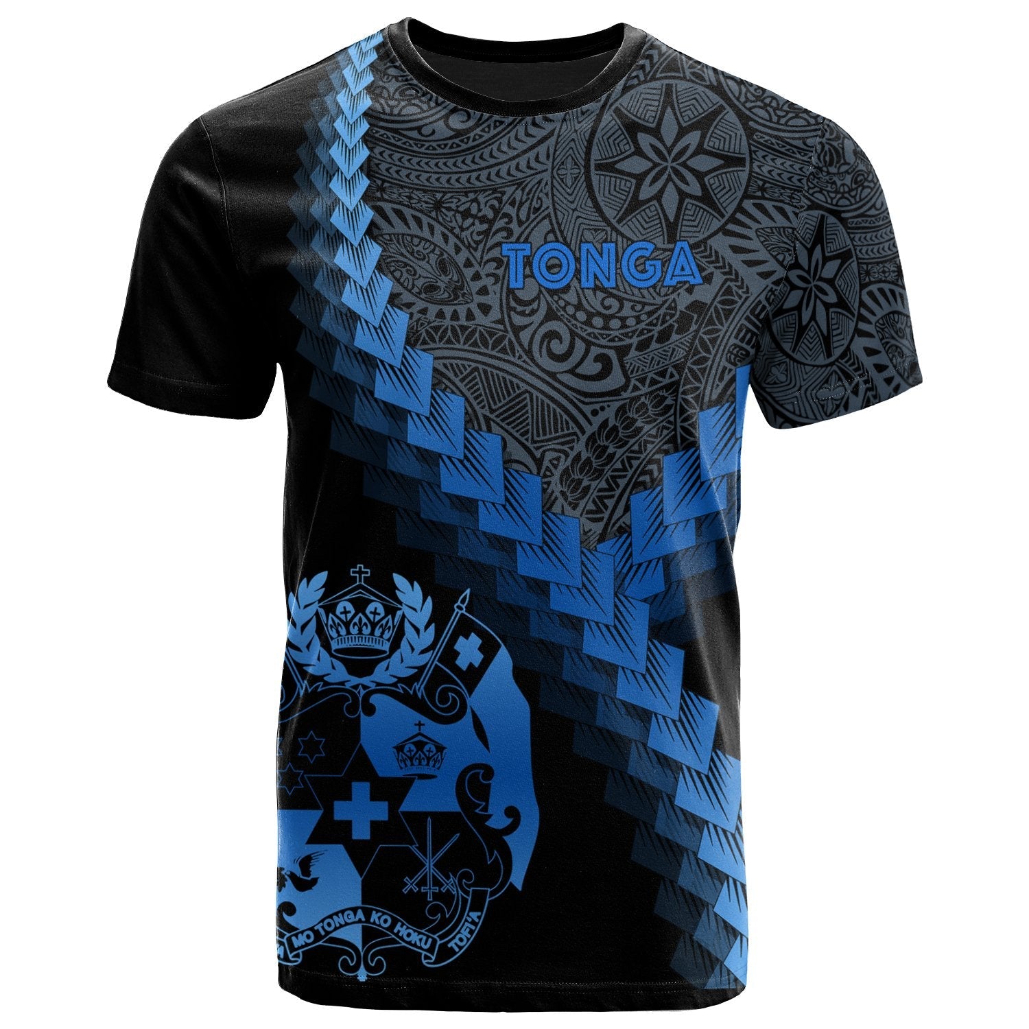 Tonga T - Shirt - Tonga Coat Of Arms With Polynesian Tattoo Blue