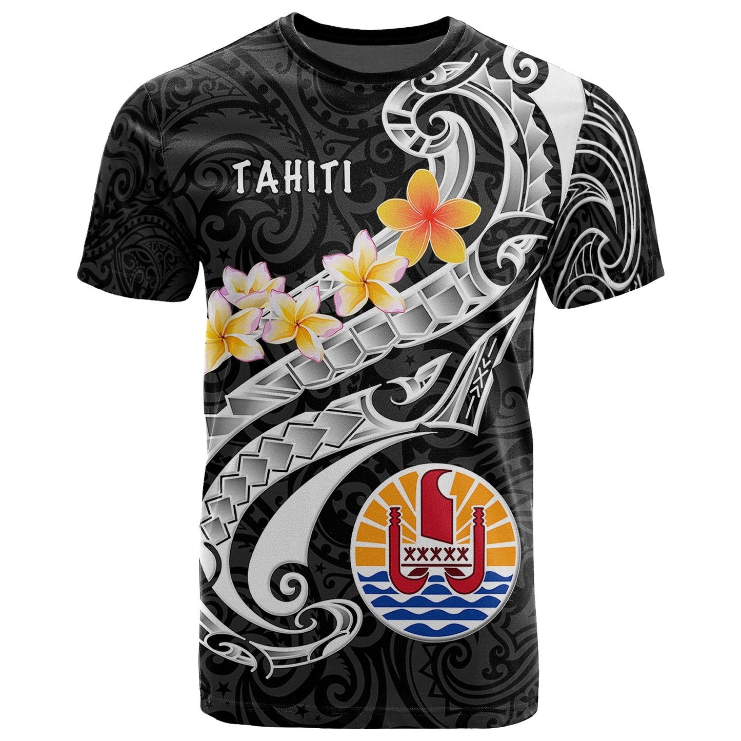 Tahiti T Shirt Tahiti Seal Polynesian Patterns Plumeria Black 