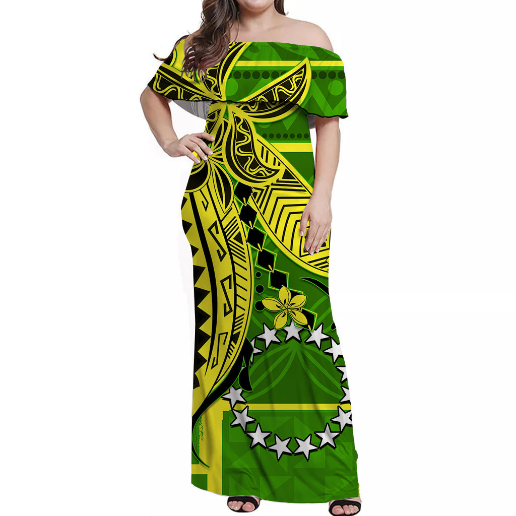 Cook Islands Off Shoulder Long Dress Hibiscus Flowers Style Yellow