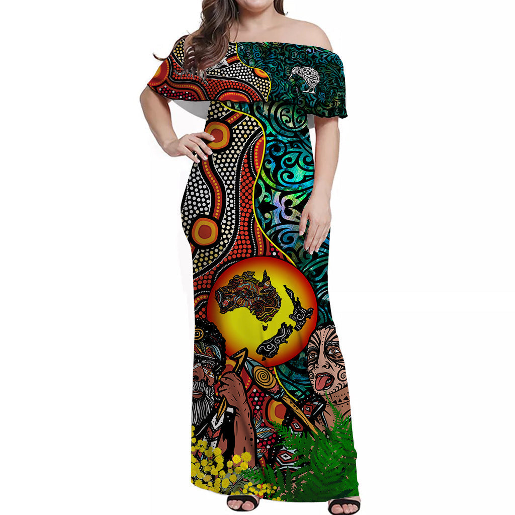 Australia Aboriginal Kangaroo Combine New Zealand Maori Kiwi Bird Off Shoulder Long Dress