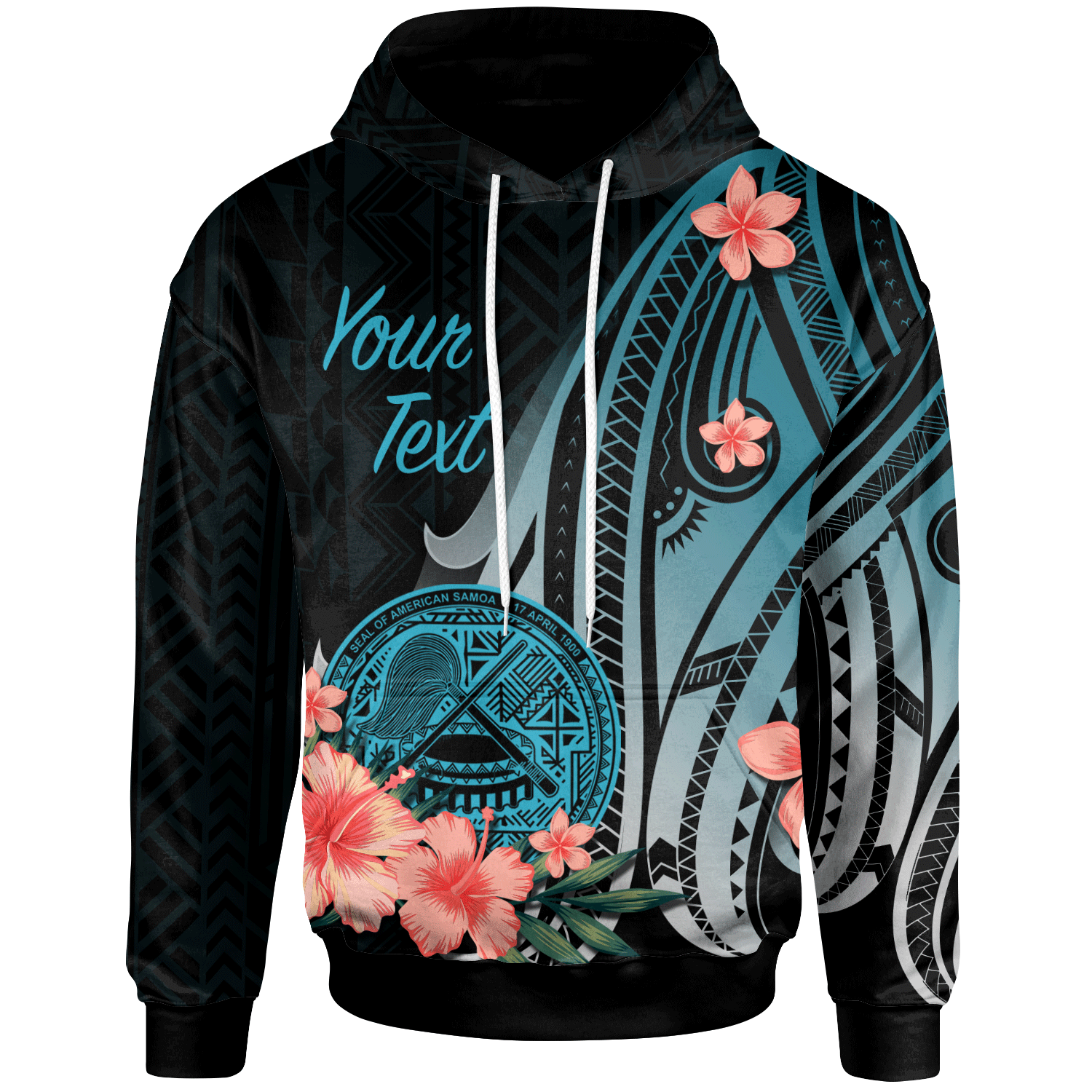 Custom Text American Samoa Personalised Custom Hoodie Turquoise Polynesian Hibiscus Pattern Style