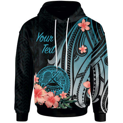 Custom Text American Samoa Personalised Custom Hoodie Turquoise Polynesian Hibiscus Pattern Style