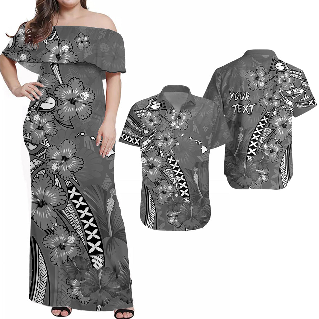 (Custom Personalised) Polynesian Couple Outfits Combo HawaiianTribal Gray Hibiscus and Map Mystical Dress and Hawaiian Shirt