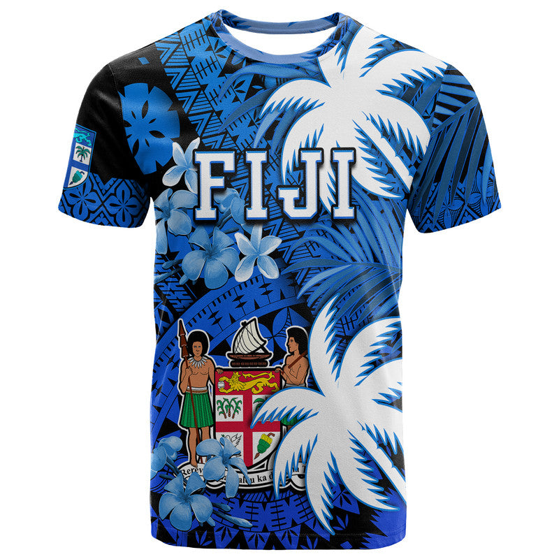 Fiji Coat Of Arms T Shirt Masi Tapa Mixed Palm Tree No2 Blue Version