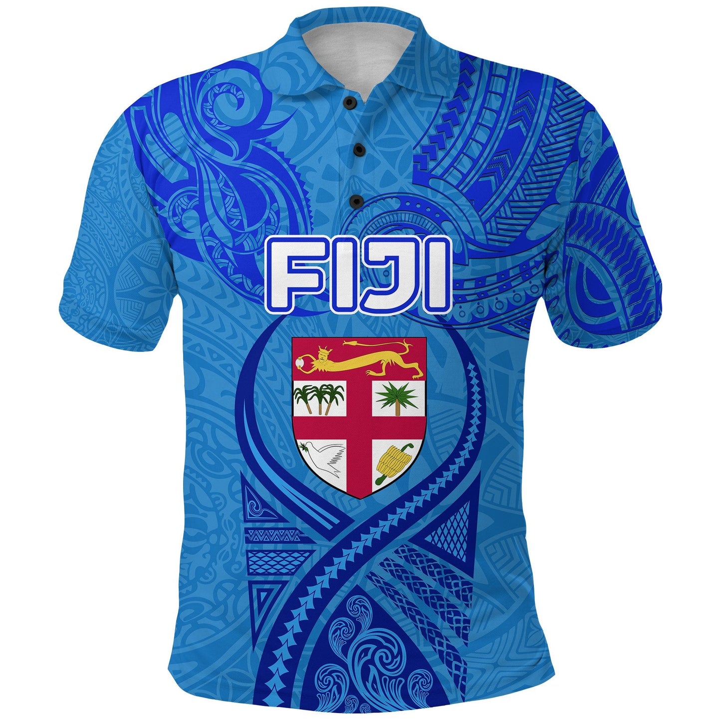 Custom Personalised Text and Number Blue Polo Shirt Fiji Rugby Polynesian Waves Style