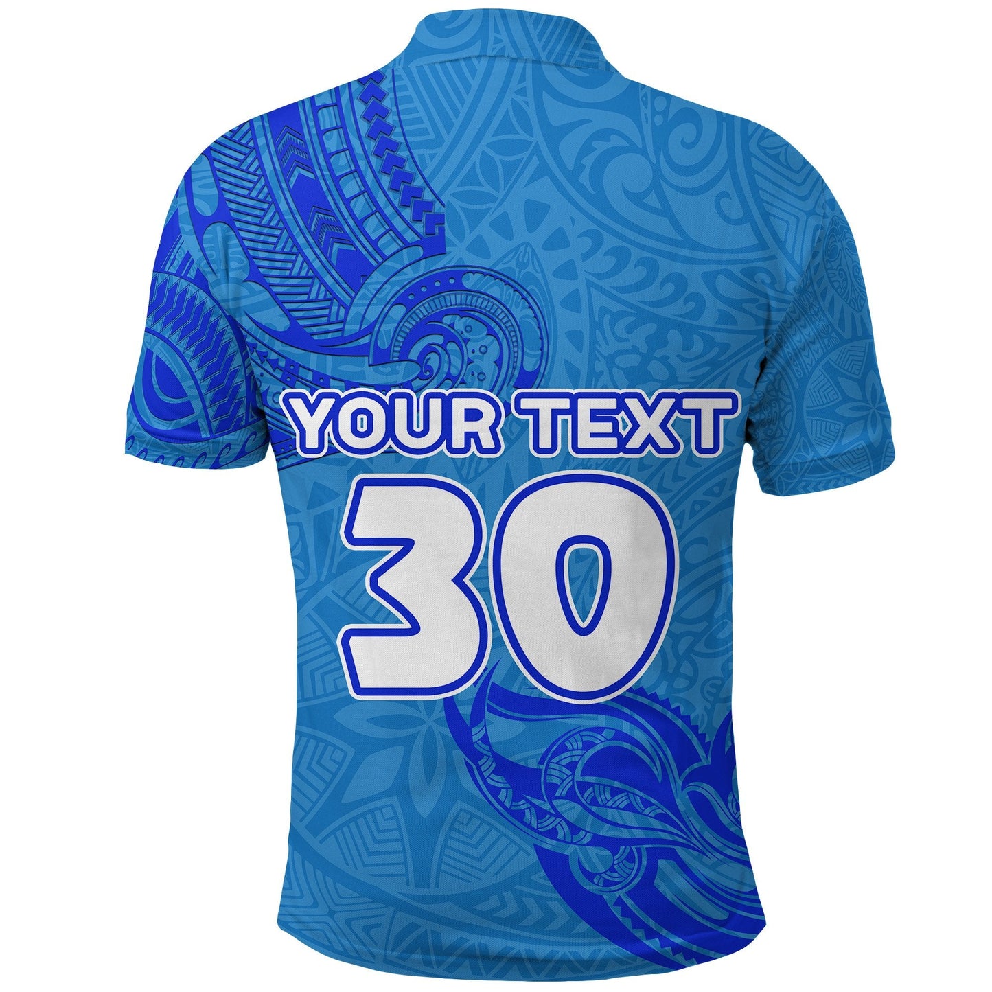 Custom Personalised Text and Number Blue Polo Shirt Fiji Rugby Polynesian Waves Style