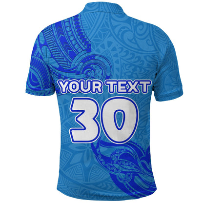 Custom Personalised Text and Number Blue Polo Shirt Fiji Rugby Polynesian Waves Style