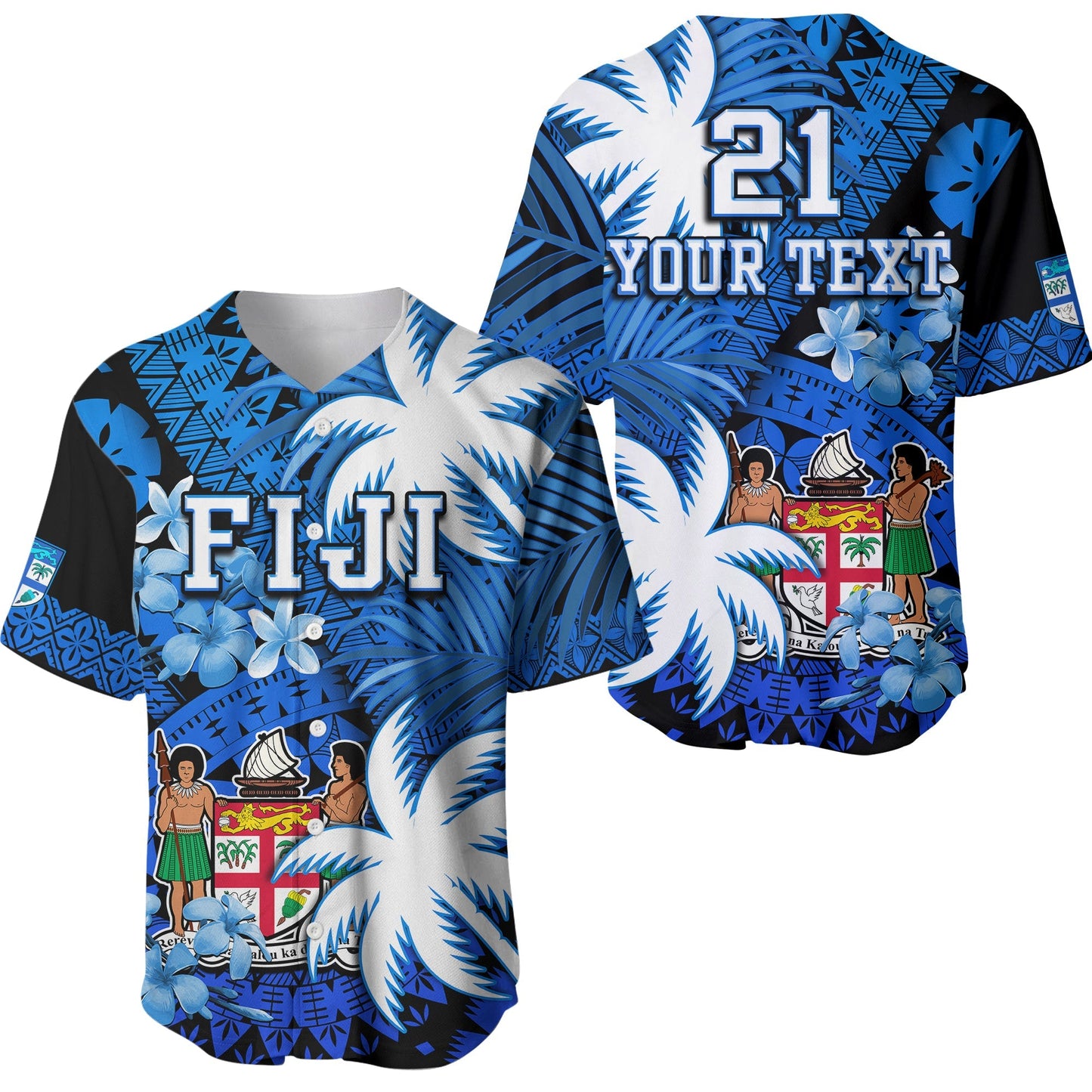 (Custom Personalised) Fiji Coat Of Arms Baseball Jersey Masi Tapa Mixed Palm Tree No2 Blue Color Version