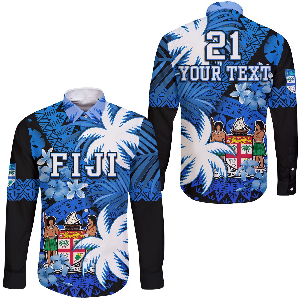 (Custom Personalised) Fiji Coat Of Arms Hawaii Long Sleeve Button Shirt Masi Tapa Mixed Palm Tree No2 Blue Version