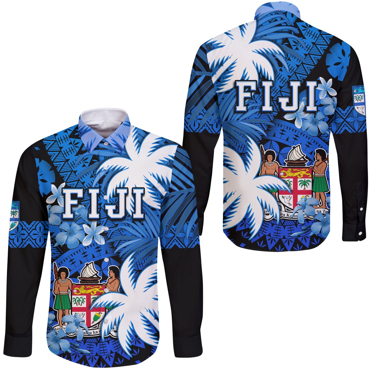 Fiji Coat Of Arms Hawaii Long Sleeve Button Shirt Masi Tapa Mixed Palm Tree No2 Blue Version