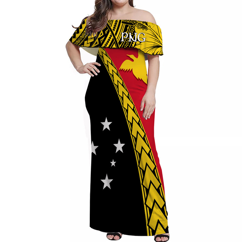 PNG Hibiscus Tribal Pattern Off Shoulder Long Dress Bird of Paradise