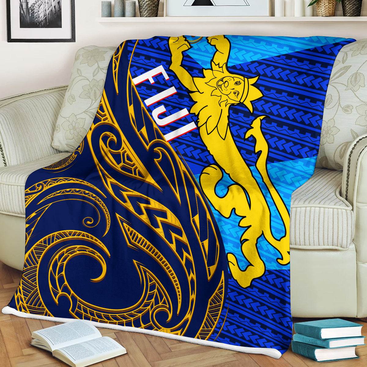 Fiji Premium Blanket Flag's Color With Gold Polynesian Pattern