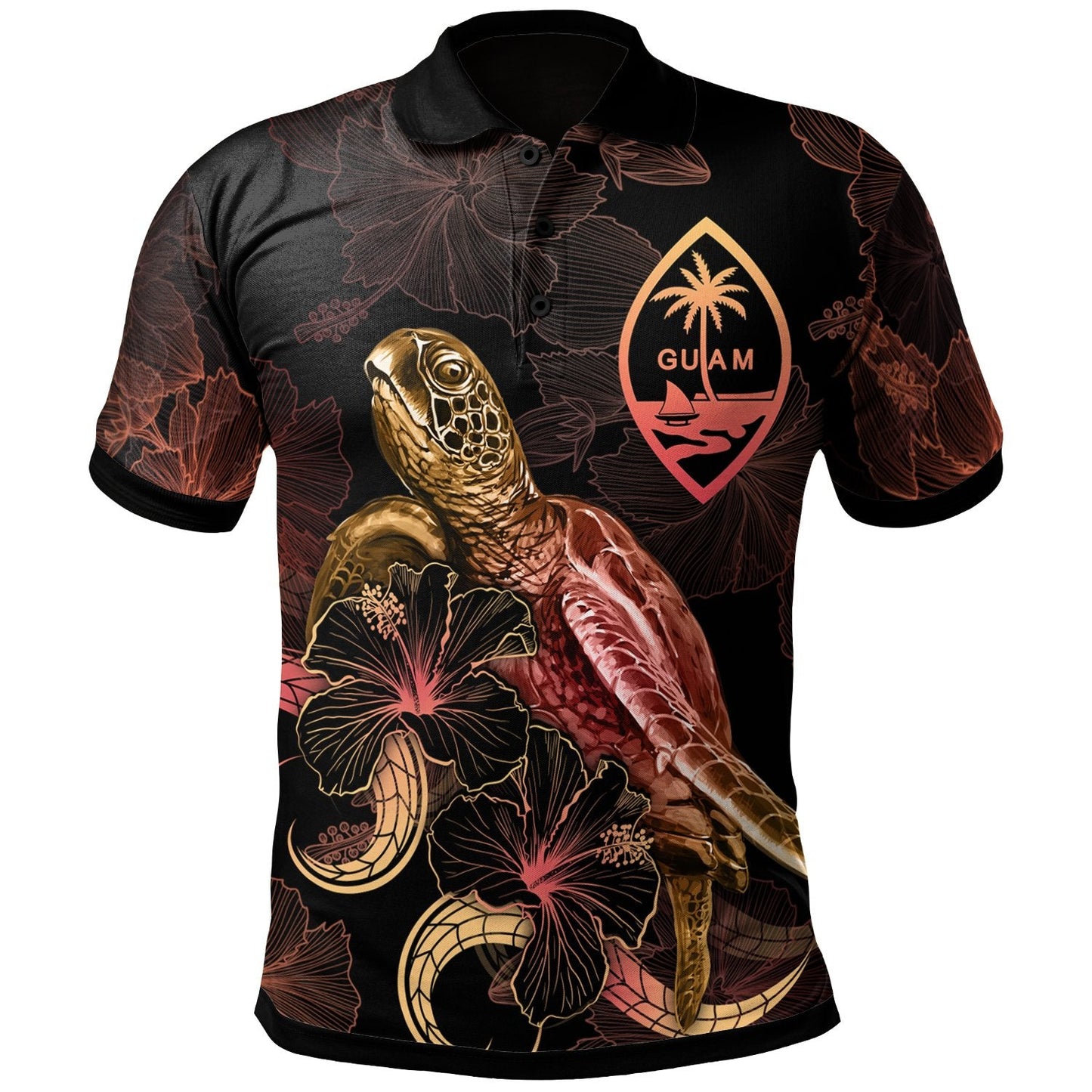 Guam Polynesian Polo Shirt - Turtle With Blooming Hibiscus Gold
