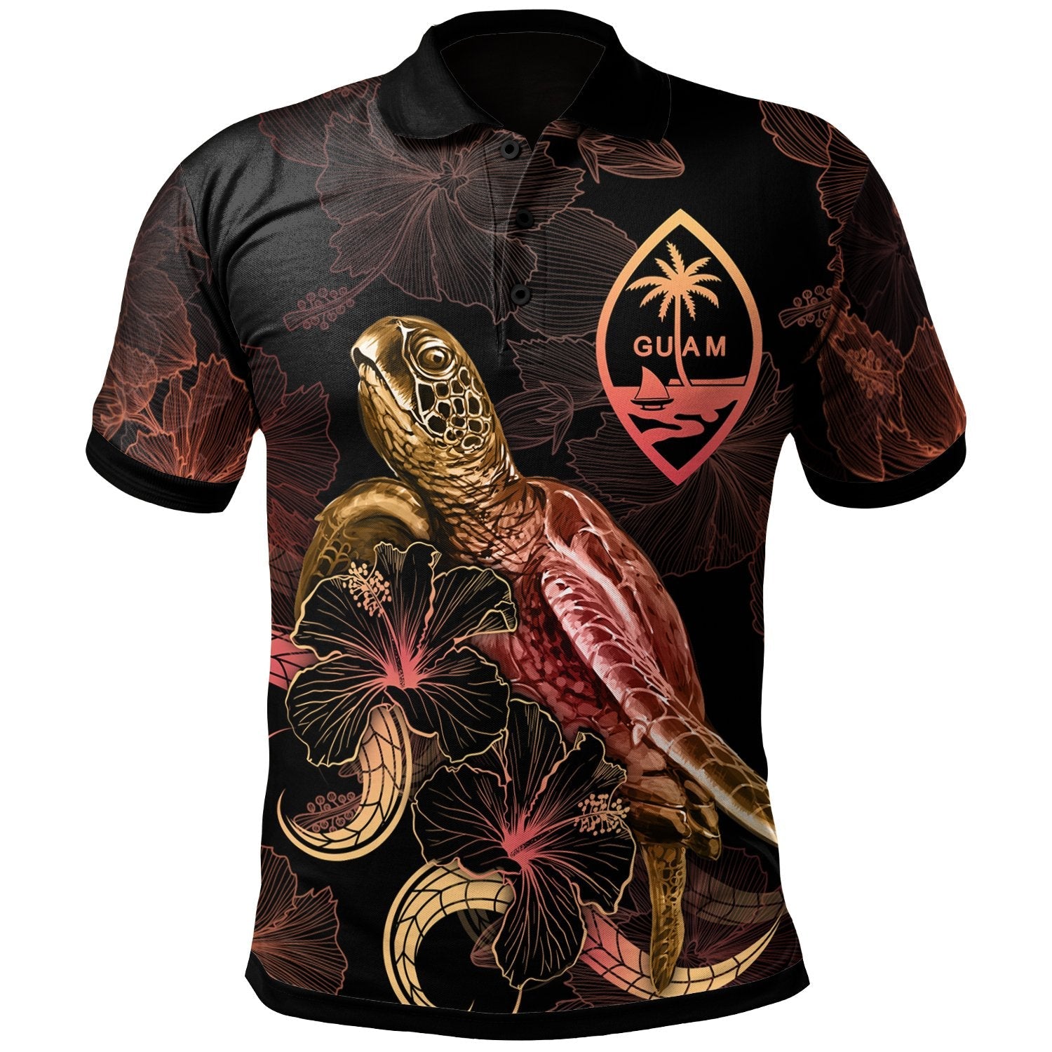 Guam Polynesian Polo Shirt - Turtle With Blooming Hibiscus Gold