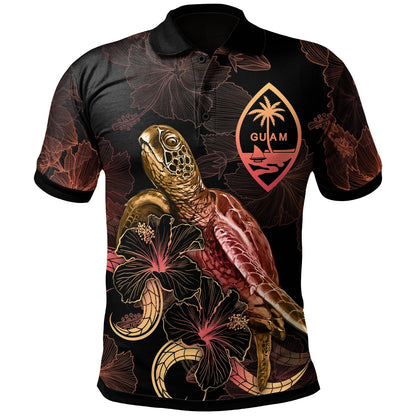 Guam Polynesian Polo Shirt - Turtle With Blooming Hibiscus Gold