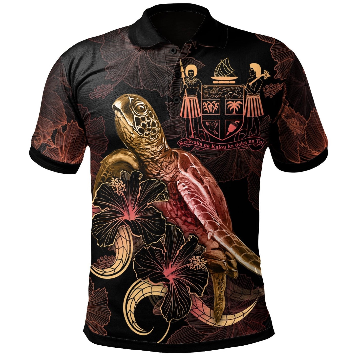 FiJi Polynesian Polo Shirt - Turtle With Blooming Hibiscus Gold
