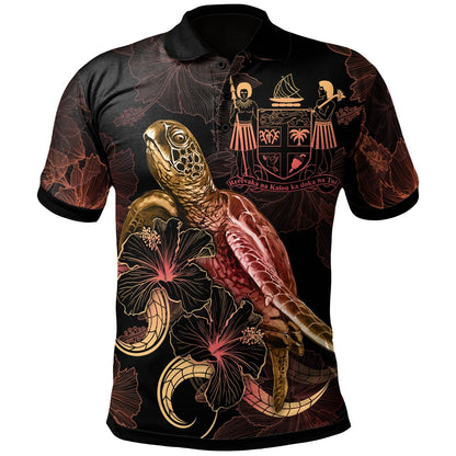 FiJi Polynesian Polo Shirt - Turtle With Blooming Hibiscus Gold